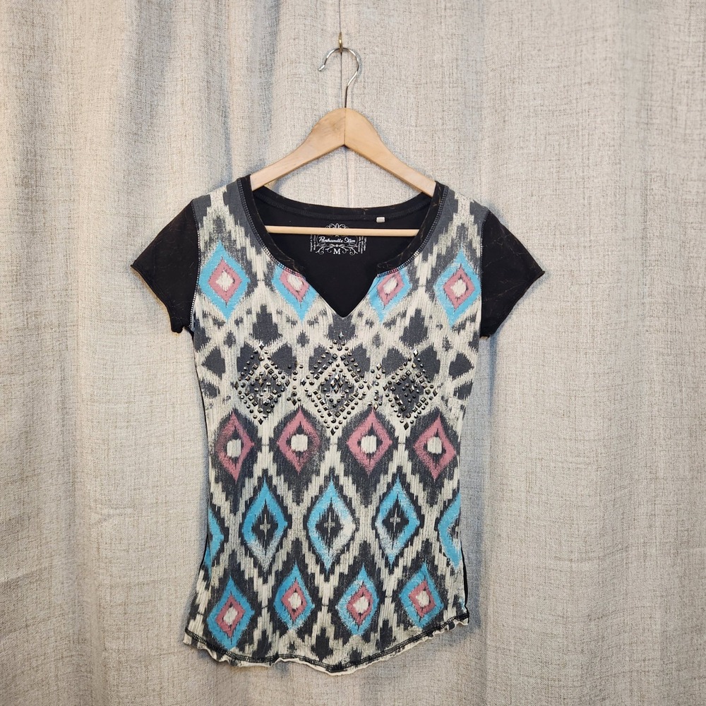 Panhandle Slim Southwestern‎ Short Sleeve Tee Women's M Cut V-Neck Studded Texas